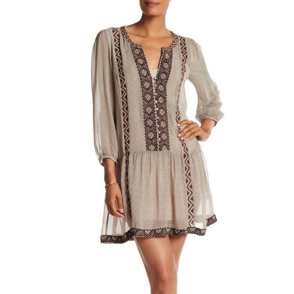 Joie | 100 % Silk Boho Peasant Dress Beige Black Embroidered | Size S - Picture 1 of 8